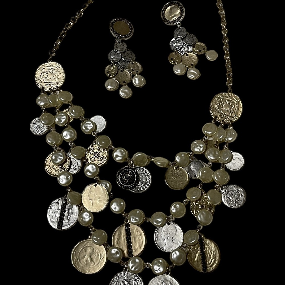 Signed Chico’s Silver Gold Pearls Coin Charms Statement Necklace & Earrings
